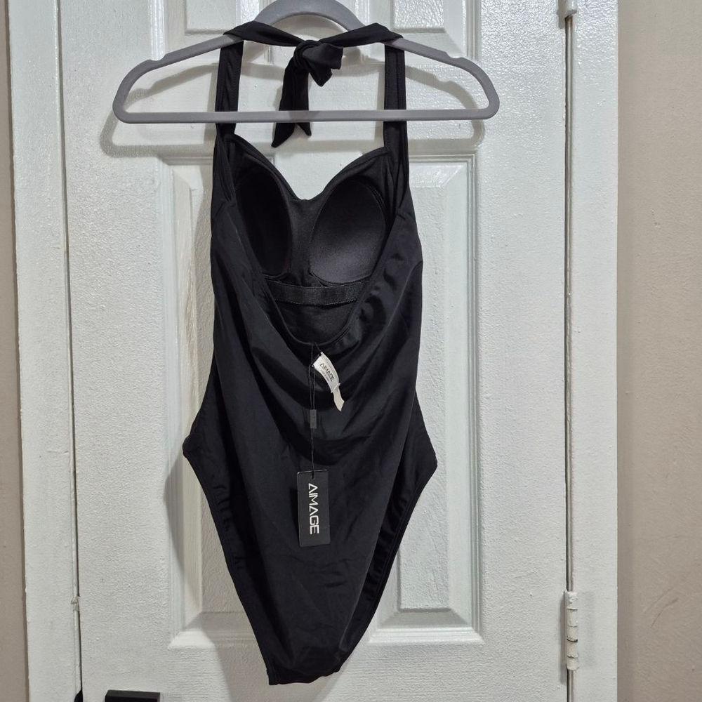 Women's AIMAGE Black Halter Ruched One Piece Swimsuit L - Picture 4 of 10